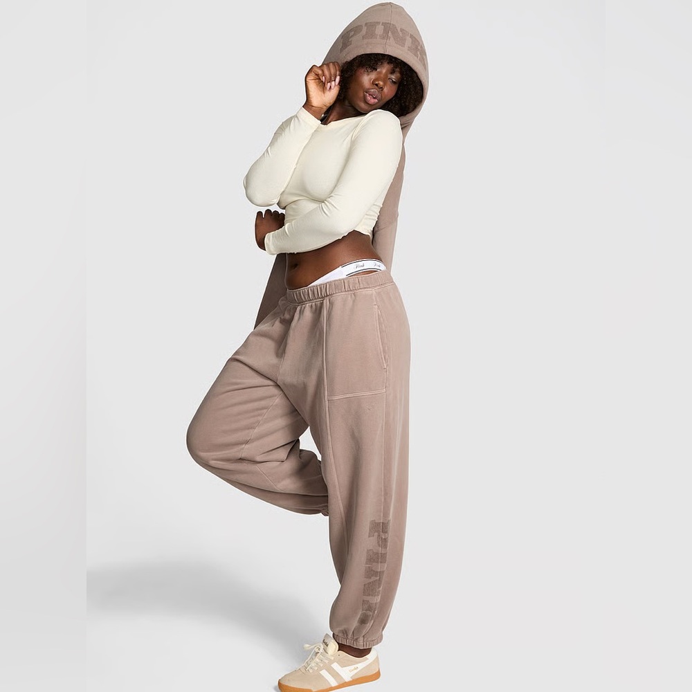 PINK Victoria's Secret Luxe Fleece Baggy Sweatpants - Tan - Small